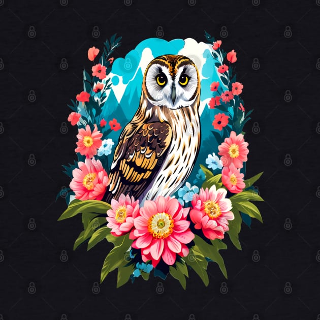 A Cute Short Eared Owl Surrounded by Bold Vibrant Spring Flowers by BirdsnStuff